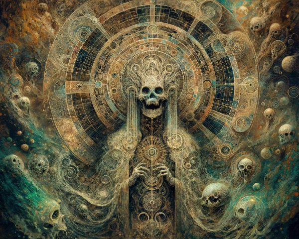 Cosmic Figure Surrounded by Ghostly Apparitions and Skulls