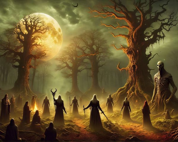 Nighttime Fantastical Forest with Luminous Moon and Figures