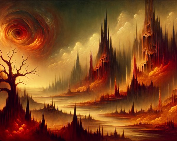 Surreal Landscape with Jagged Mountains and Vortex