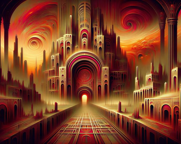 Art Deco Cityscape with Towers and Celestial Light