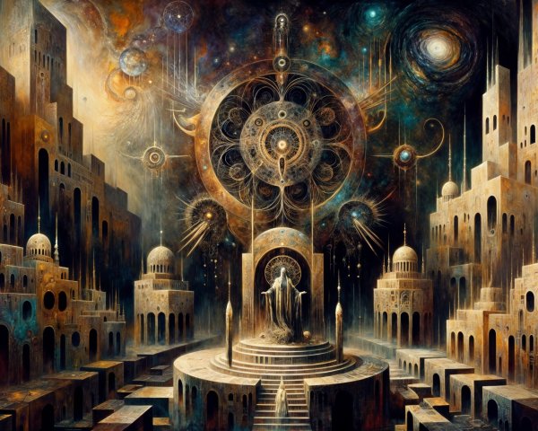 Surreal Cosmic Landscape with Temples and Celestial Clock