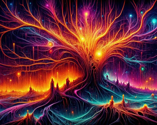 Cosmic Tree with Vibrant Colors and Pulsating Light