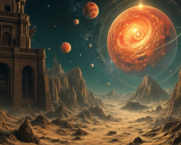 Futuristic Landscape with Decaying Structure and Fiery Planet
