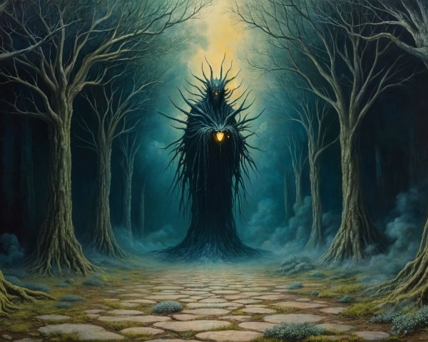 Shadowy Figure in a Misty Forest with Glowing Orb