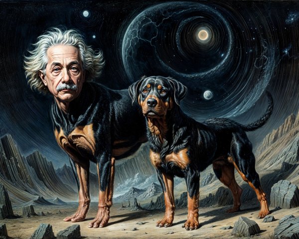 Surreal Cosmic Scene with Scientist and Rottweiler