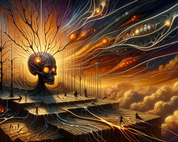 Surreal Landscape with Colossal Skull and Vibrant Branches
