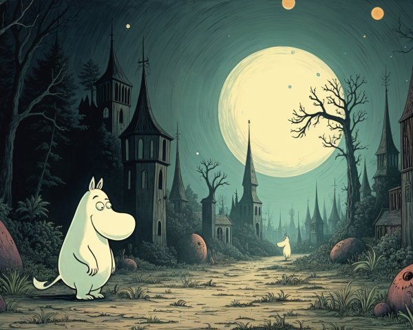 Whimsical Scene of a Creature in a Moonlit Village