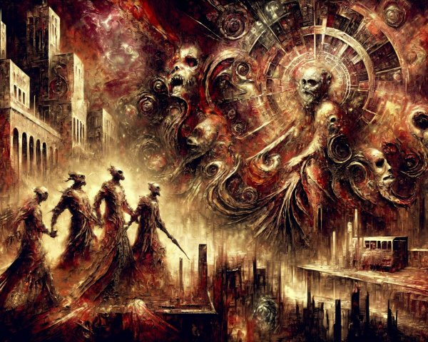 Surreal Dark Fantasy Scene with Ghostly Figures