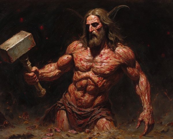 Muscular Figure with Hammer in Chaotic Background