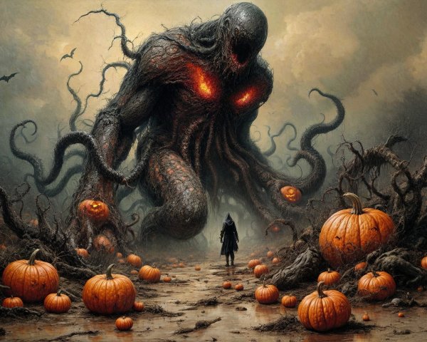 Colossal Creature in Dark Eerie Landscape with Pumpkins