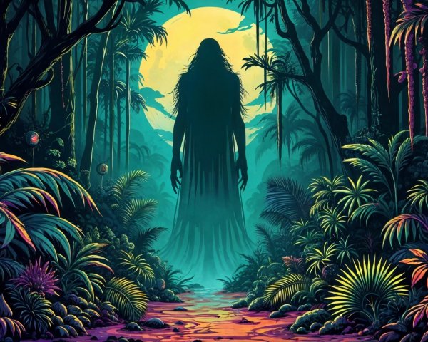 Mystical Jungle Scene with Towering Silhouette and Moon