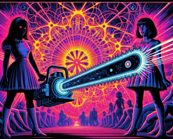 Psychedelic Artwork of Two Girls with Chainsaw and Mandala