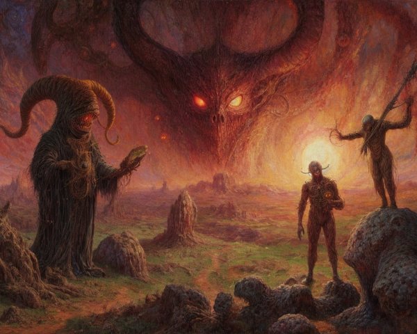 Surreal landscape with shadowy figures and ominous sky