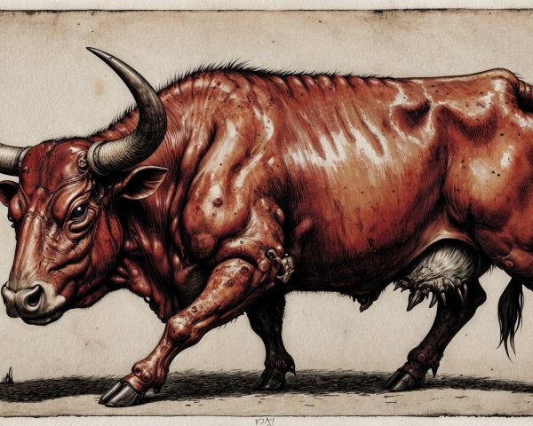 Muscular Red-Brown Bull with Curved Horns and Intense Gaze