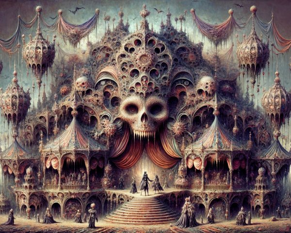 Dark-Themed Structure with Gothic Elements and Skulls