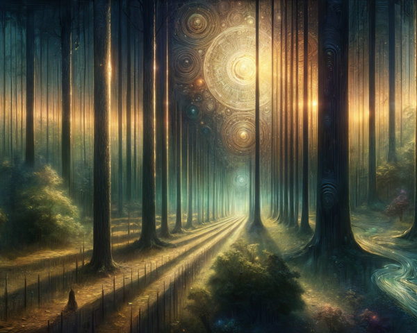 Twilight Mystical Forest with Ethereal Light and Stream
