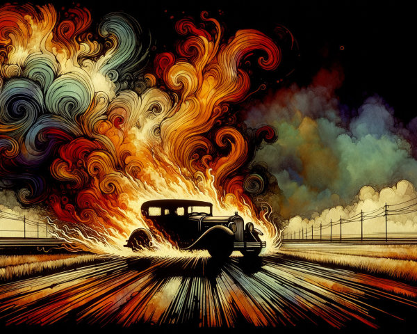 Vintage car on desolate road with flames and smoke