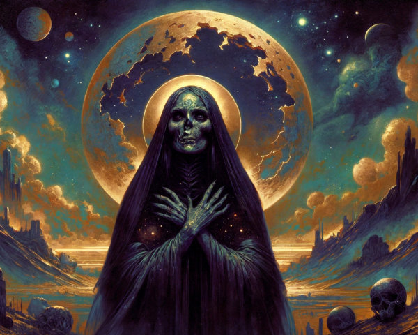 Mysterious Cloaked Figure in Cosmic Landscape with Skulls