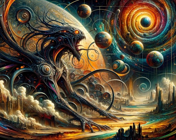 Surreal Cosmic Scene with Monstrous Mechanical Figure
