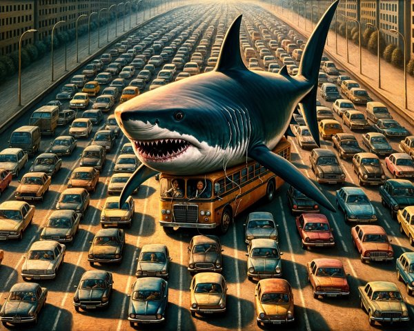 Giant Shark Emerges from Bus in City Traffic Scene