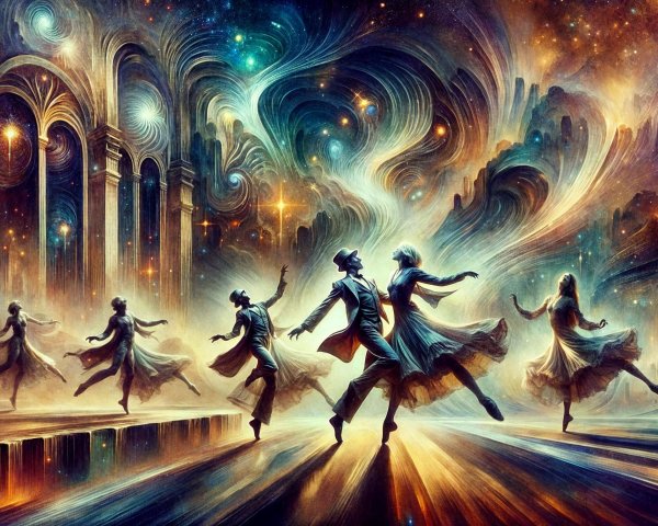 Surreal Cosmic Scene with Dancers and Galaxies