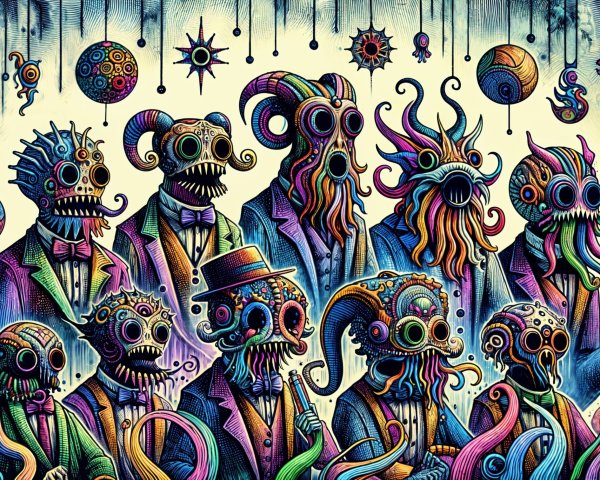 Surreal Illustration of Skeletons in Sea Creature Masks