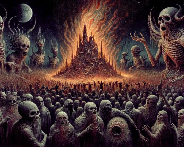 Skeletal Figures Gather Near Fiery Castle Structure