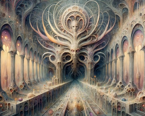 Surreal Ethereal Hallway with Intricate Arches and Orbs