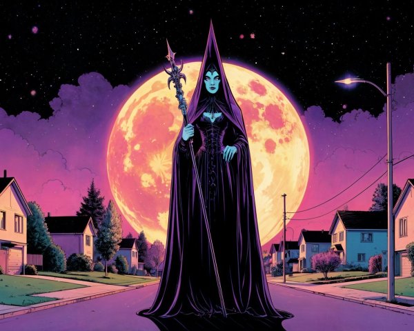 Mystical Figure with Staff Under Glowing Moonlight