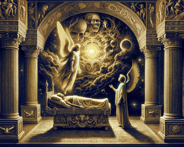 Surreal Scene with Figure, Angel, and Cosmic Imagery