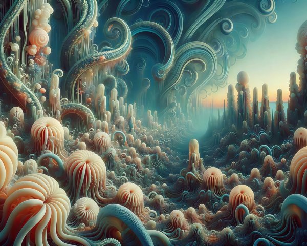 Surreal Underwater Landscape with Iridescent Fungi