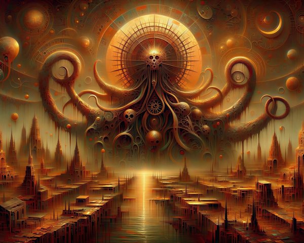 Surreal Alien Landscape with Monstrous Entity and City