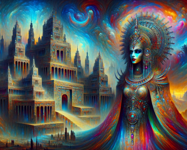 Surreal Landscape with Ornate Figure and Cityscape