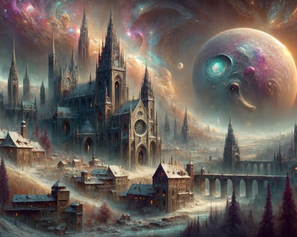 Gothic Cathedral in a Snowy Fantasy Landscape