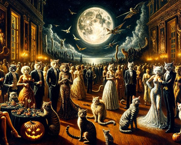 Ballroom Gathering of Cat-Headed Guests Under Moonlight