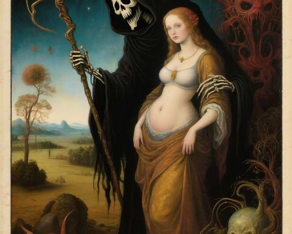 Young woman in golden drapery with grim reaper skeleton