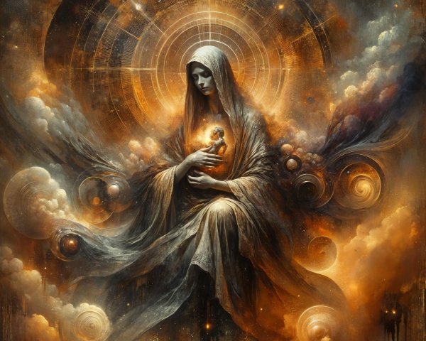 Ethereal Figure with Child in Celestial Setting