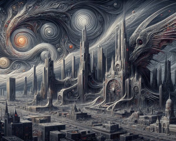 Surreal Cityscape with Cosmic Elements and Dragons
