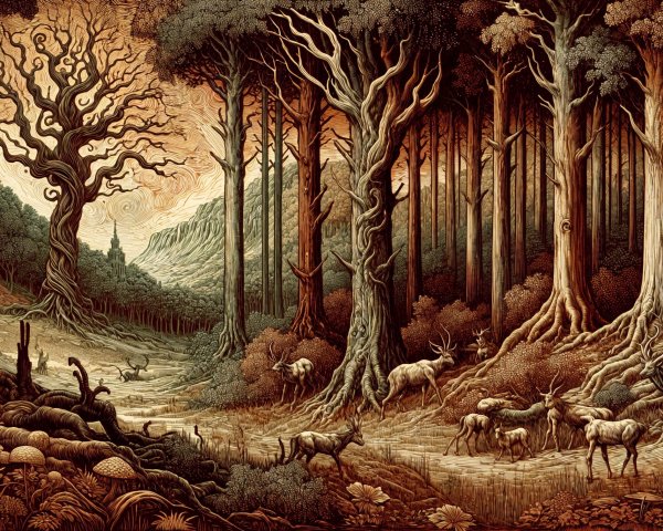 Mystical Forest Scene with Trees and Wildlife