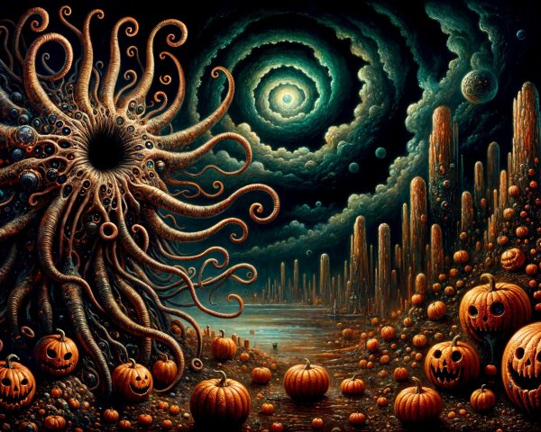 Surreal Landscape with Tentacled Creature and Pumpkins