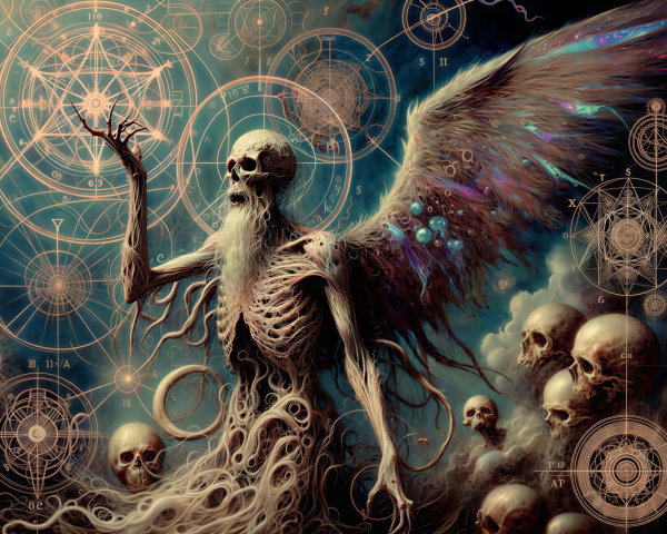 Skeleton Figure with Wings and Astrological Symbols