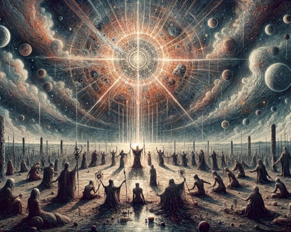 Cosmic Scene with Celestial Bodies and Diverse Figures