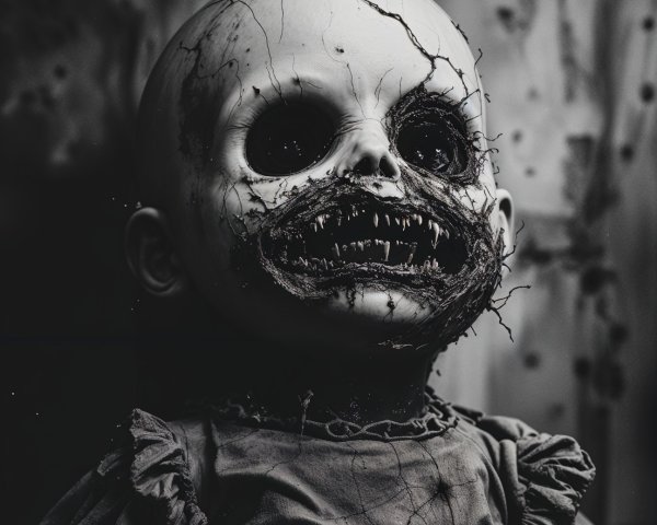 Haunting Cracked Doll with Sinister Features and Dress