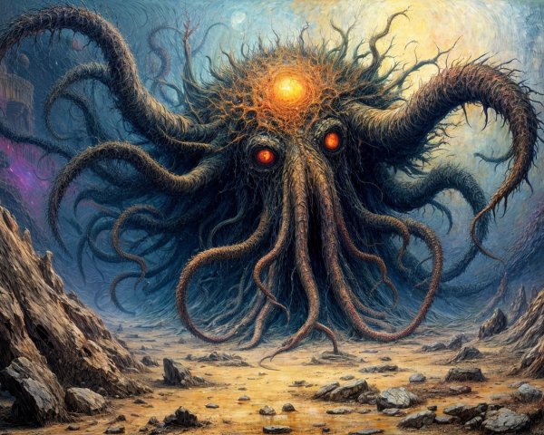 Surreal Cosmic Creature in Desolate Landscape
