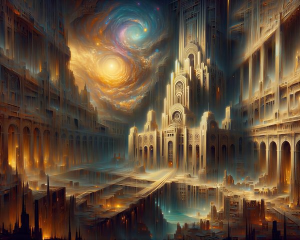 Art Nouveau Cityscape with Galaxy Background