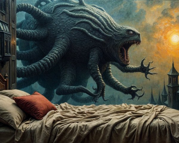 Dramatic Room with Cthulhu-like Creature and Sunset