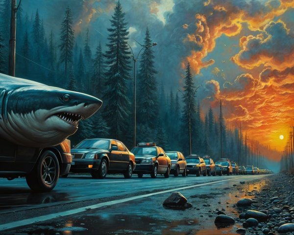 Surreal Scene of Shark in Traffic Jam at Sunset