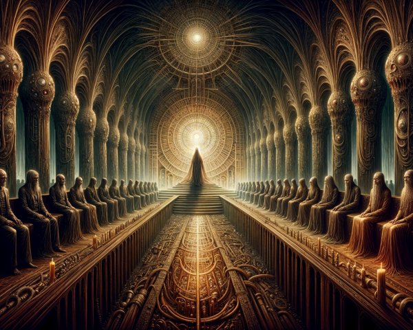 Ornate hall with robed figures and mystical architecture