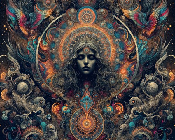 Mystical Figure Surrounded by Vibrant Patterns and Colors