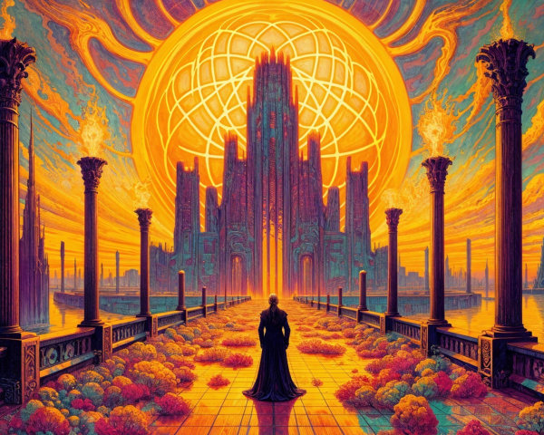 Majestic Cathedral at Sunset with Flower Pathway